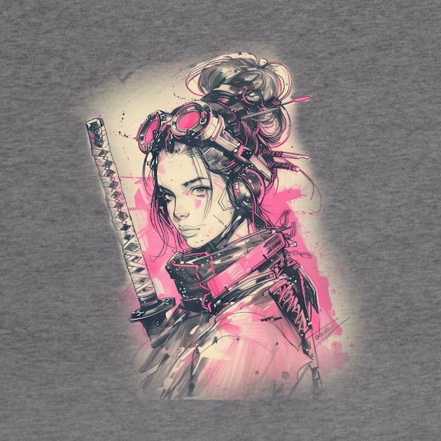 Samurai Girl Pink Cyber Sketch Art by Vlaa